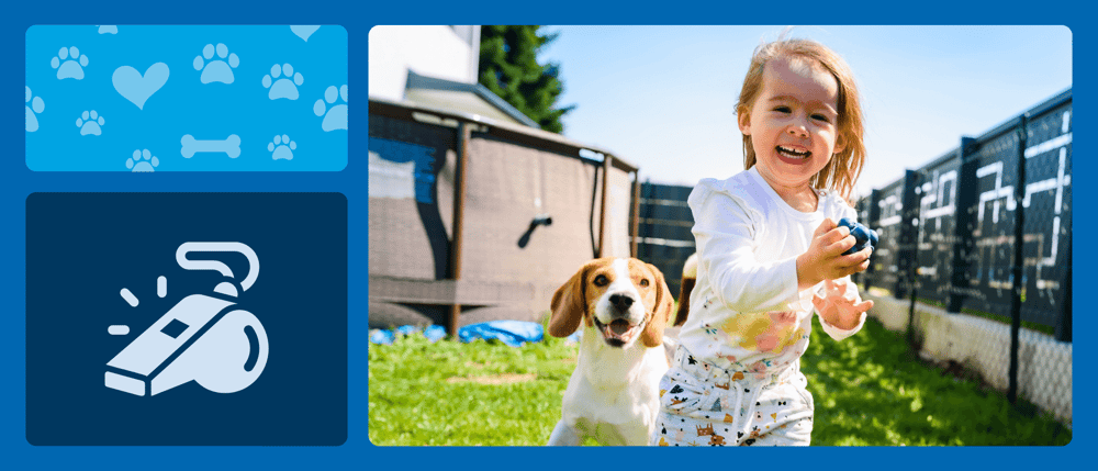 Child having fun with a new dog as a pet